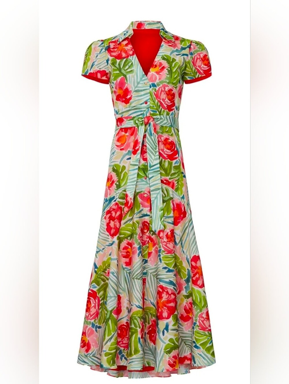 Badgley Mischka Tropical Floral V-Neck Midi Dress in Green and Red - Size 16 - Picture 5 of 12
